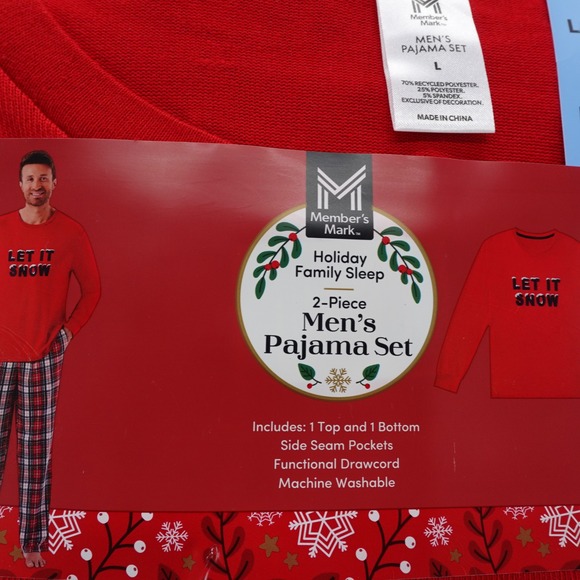 Members Mark Mens Large Red Let It Snow Pajama Set Holiday NEW Plaid - Picture 3 of 9